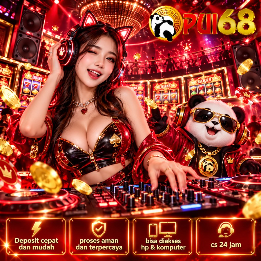 Poster PUI68 suasana klub musik dengan DJ dan panda berbusana merah